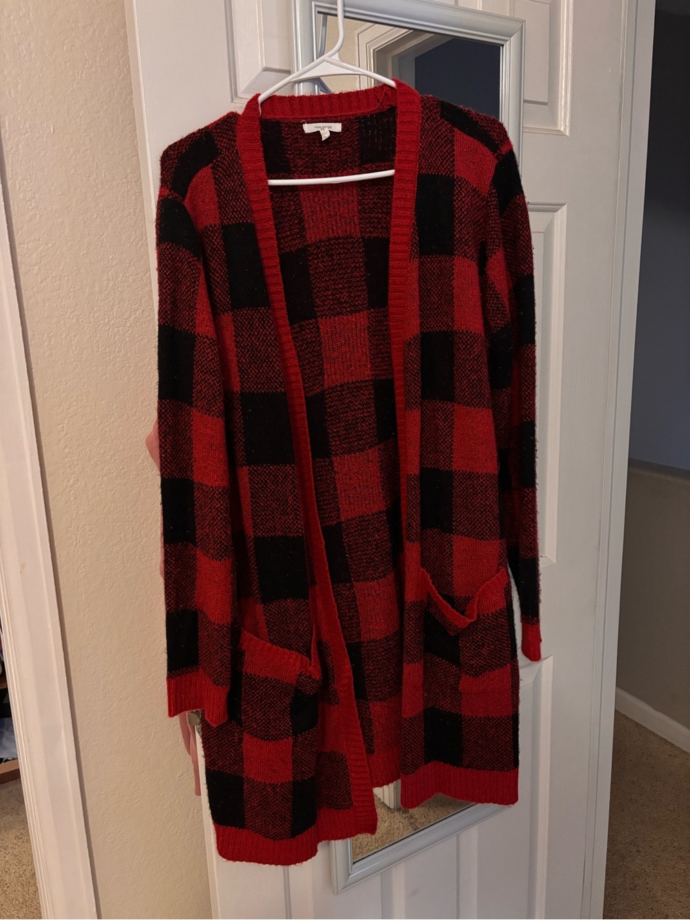Maurices Red and Black Buffalo Plaid Open-Front Cardigan